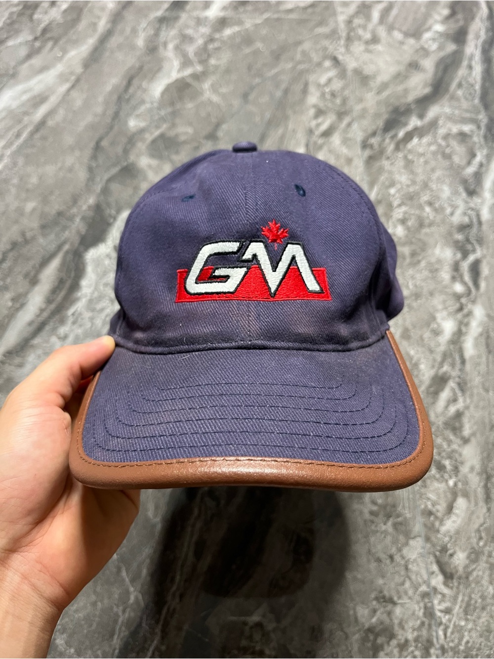 Vintage GM Canada Hat Leather Brim Strapback Cap General Motors Navy Blue AJM